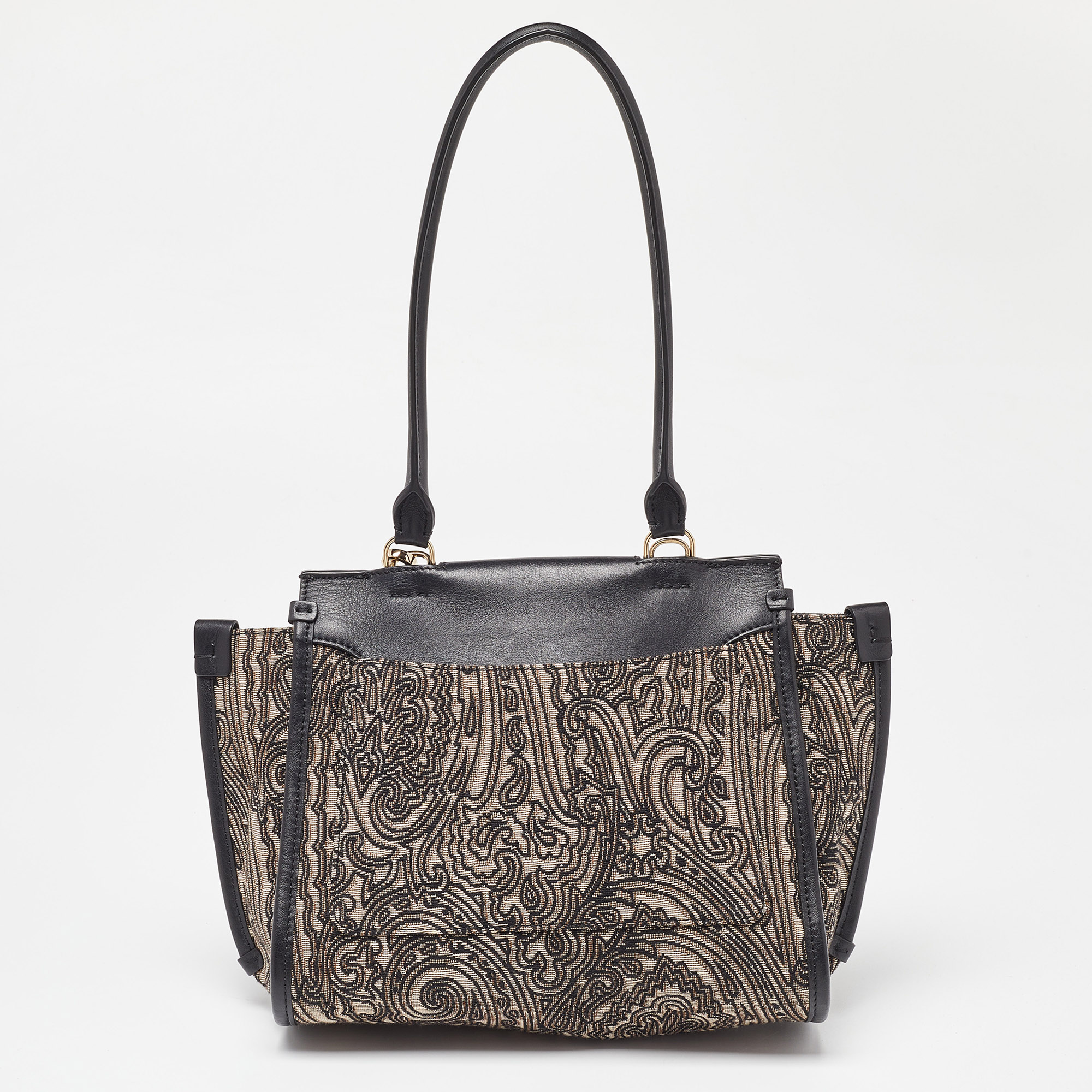 Etro Black/Grey Paisley Print Canvas And Leather Studded Flap Top Handle Bag