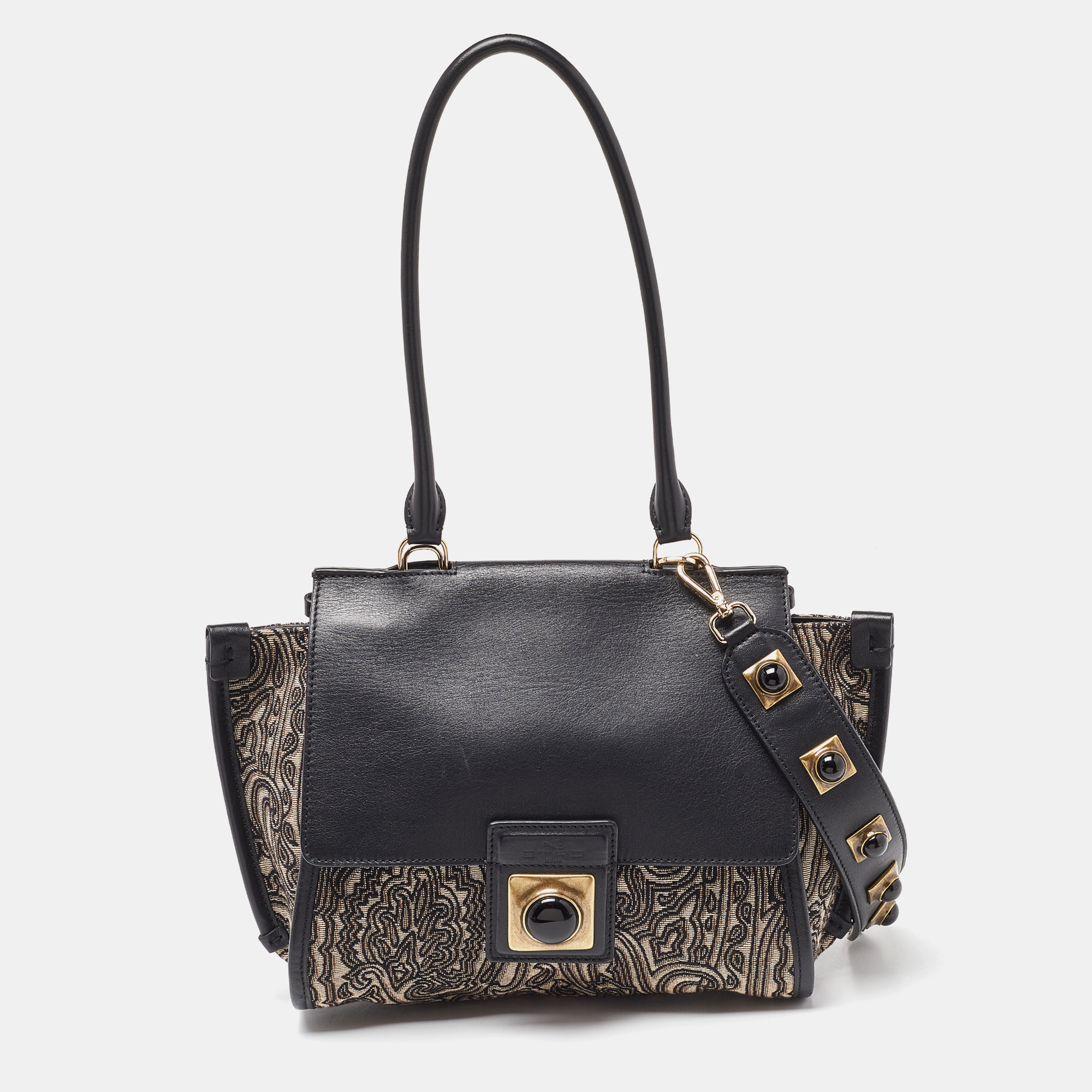 Etro Black/Grey Paisley Print Canvas And Leather Studded Flap Top Handle Bag