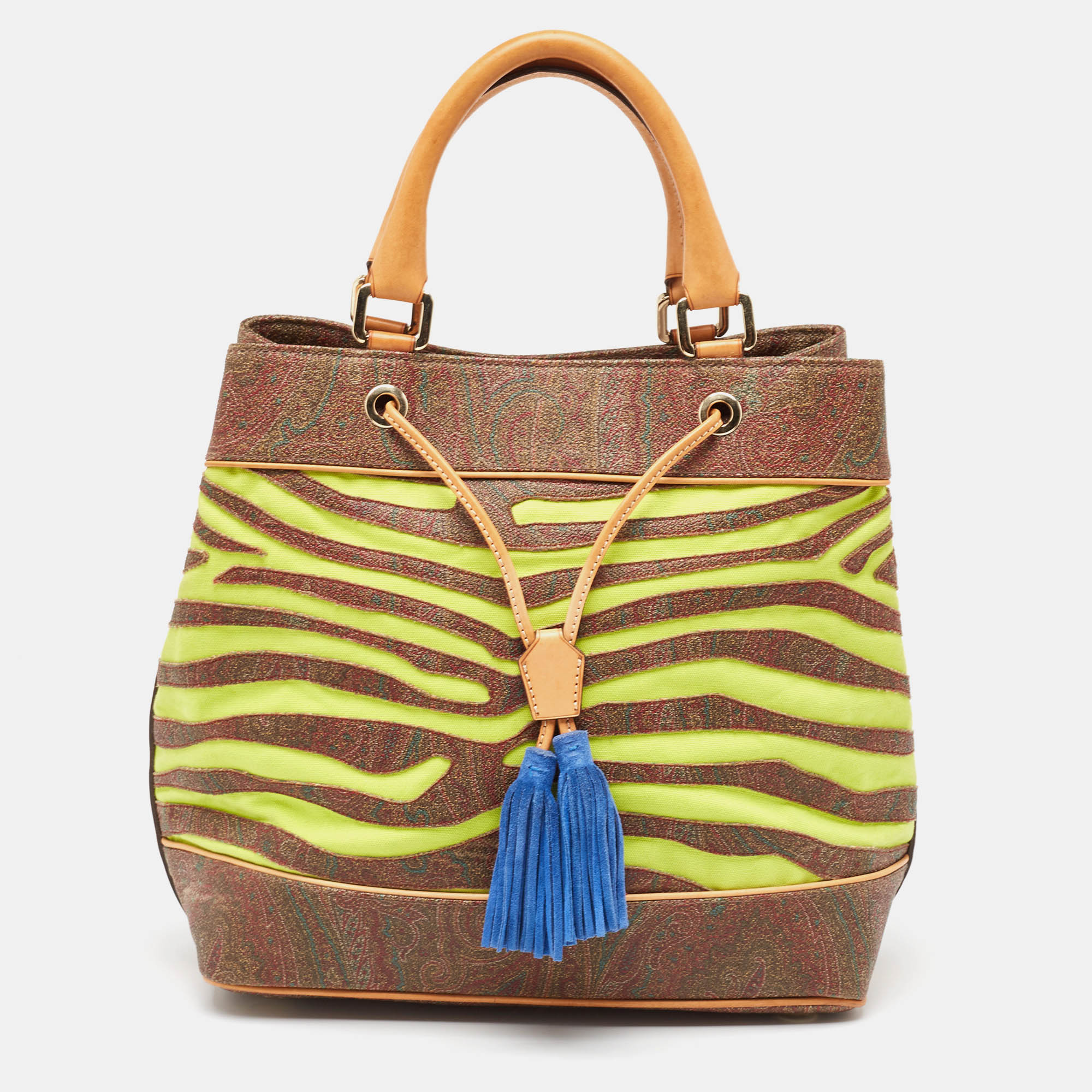 Etro multicolor paisley print coated canvas and leather tassel bucket bag