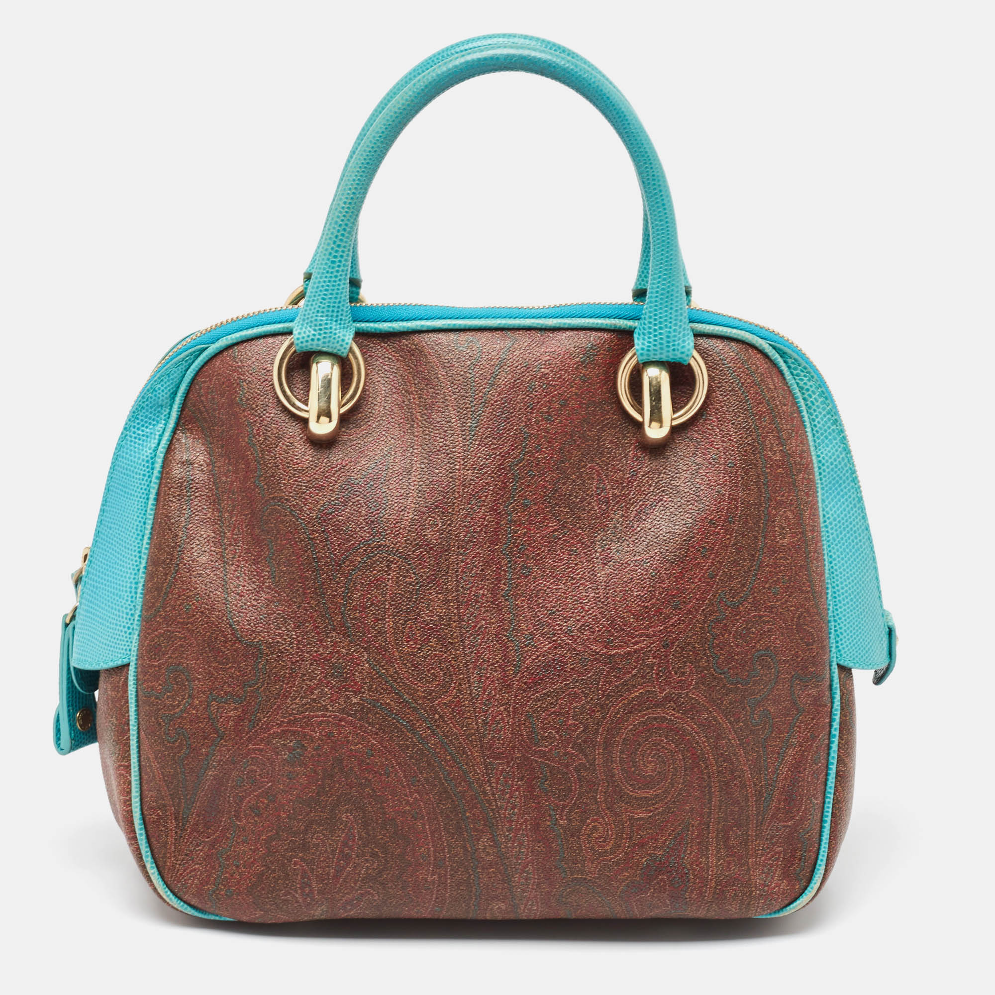 Etro brown/turquoise blue paisley coated canvas and lizard embossed leather satchel