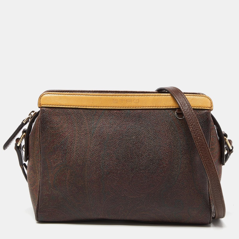 Etro brown paisley print coated canvas and leather crossbody bag