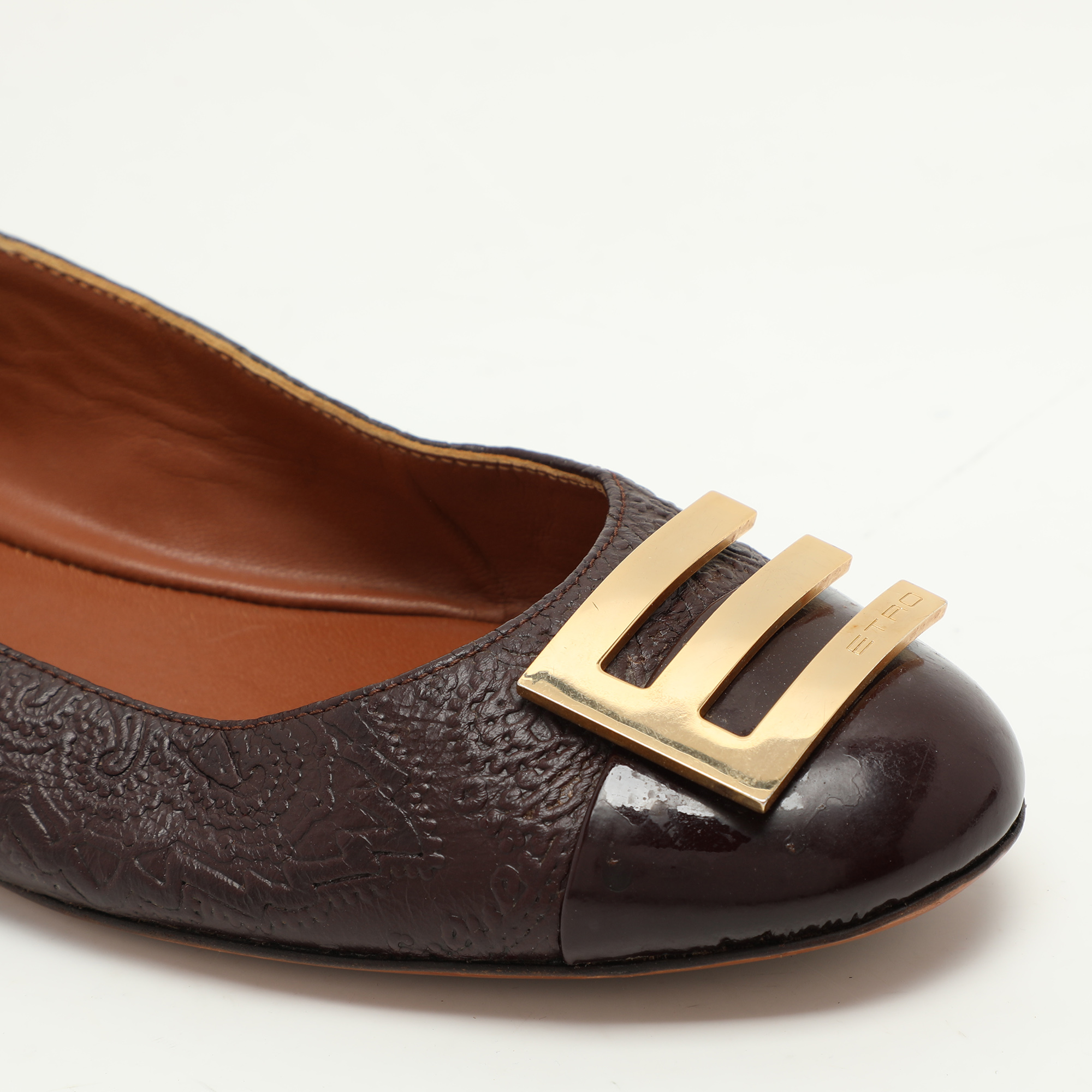 Etro Brown Embossed Leather Embellished Cap Toe Ballet Flats Size 40