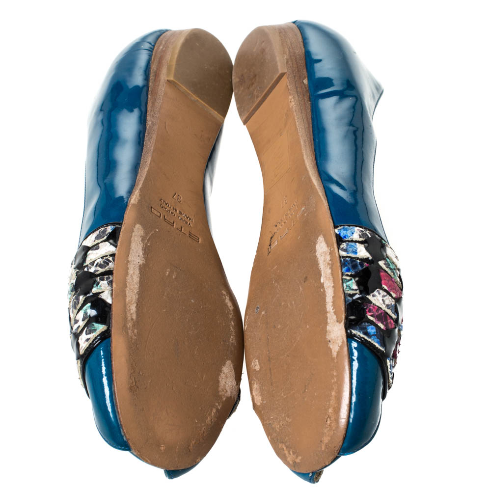 Etro Blue Patent And Multicolor Embossed Python Trim Ballet Flats Size 37