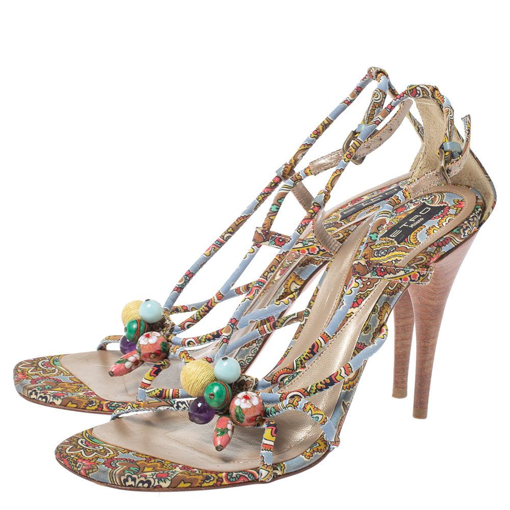 Etro Multicolor Fabric Paisley Print Strappy Embellished Open Toe Ankle Strap Sandals Size 40