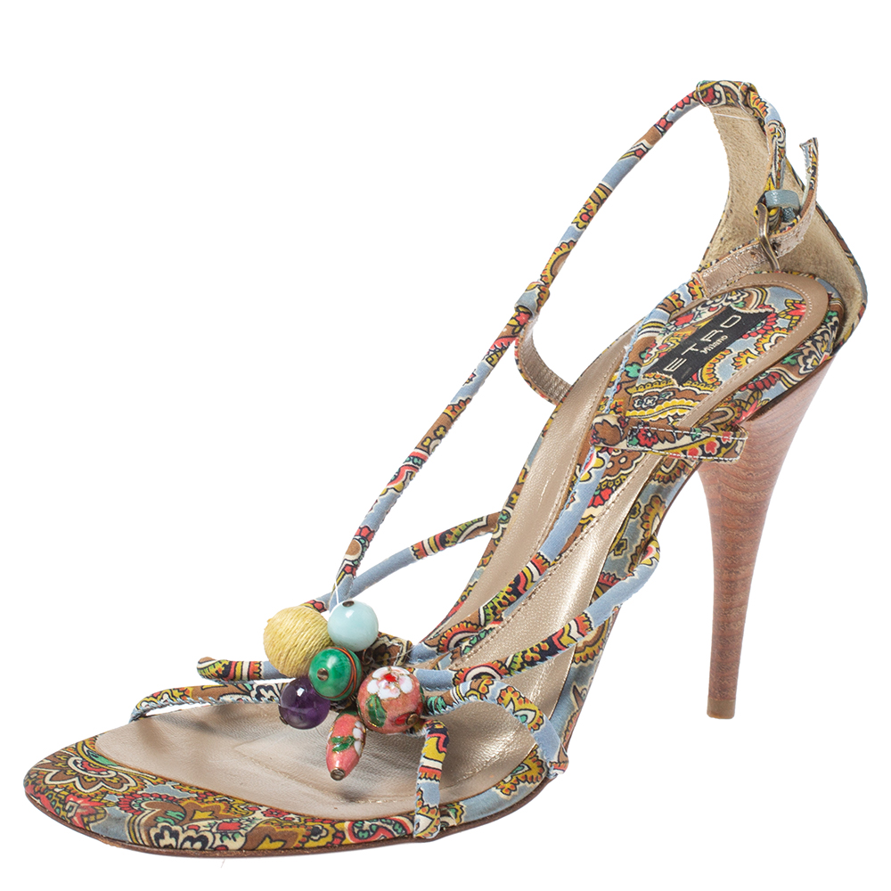 Etro multicolor fabric paisley print strappy embellished open toe ankle strap sandals size 40