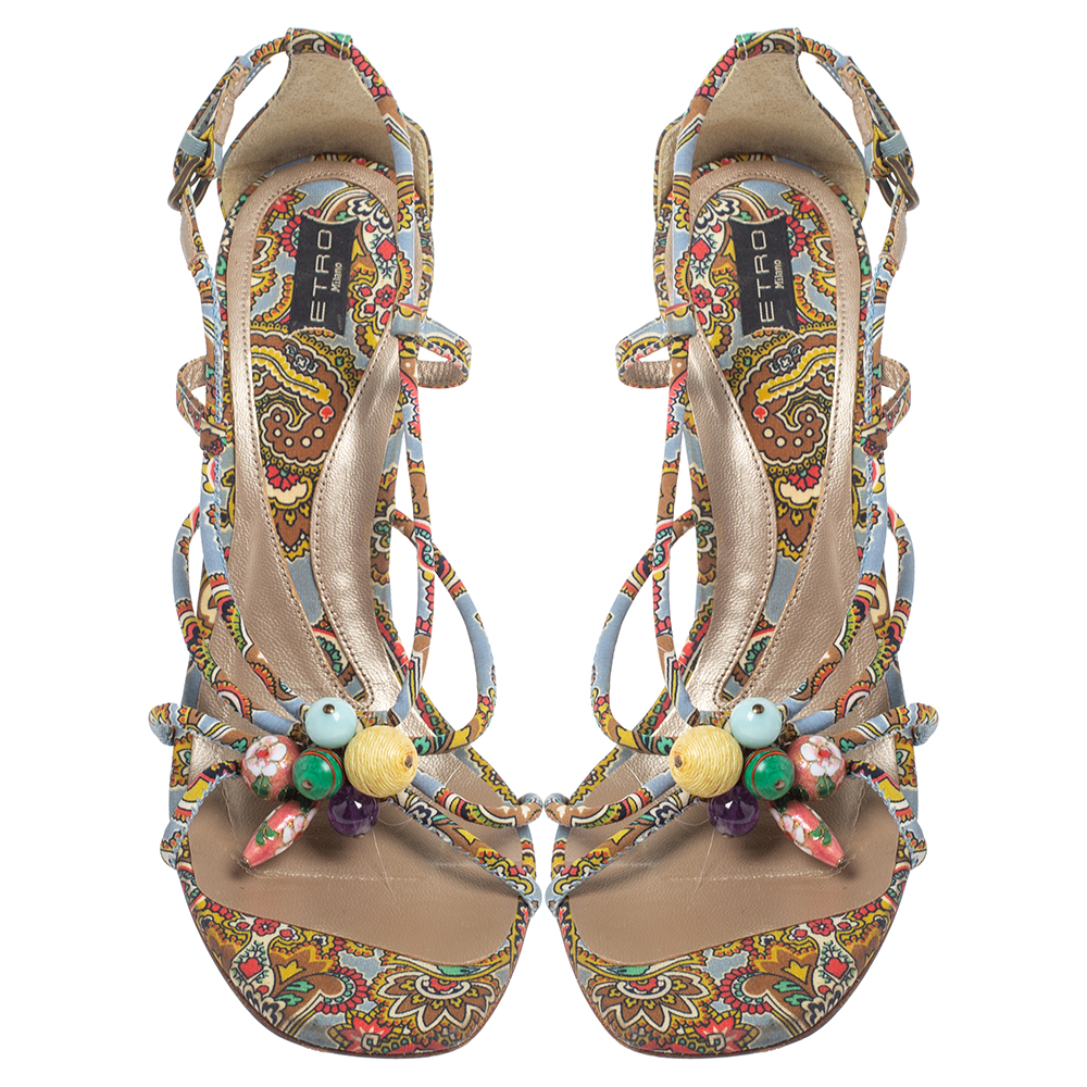 Etro Multicolor Fabric Paisley Print Strappy Embellished Open Toe Ankle Strap Sandals Size 40