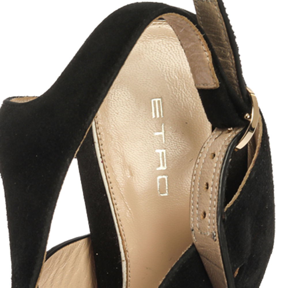 Etro Black Suede Leather And Pony Hair Pointed Toe Ankle Strap Sandals Size 40