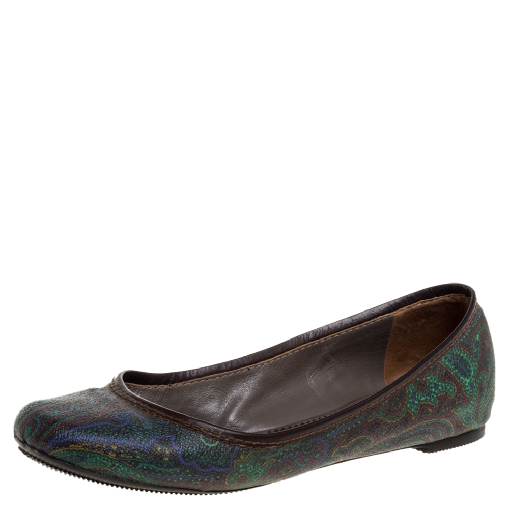 Etro Paisley Multicolor Printed Coated Canvas And Leather Trim Ballet Flats Size 38