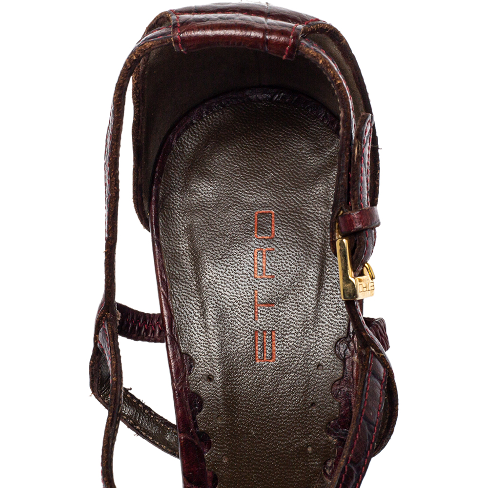Etro Brown Croc Embossed Leather Peep Toe T Strap Sandals Size 37.5