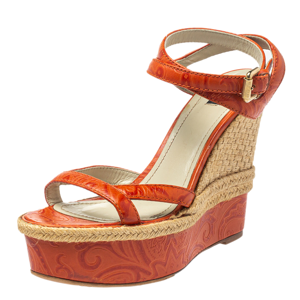 Etro Orange Leather Espadrille Wedge Sandals Size 41