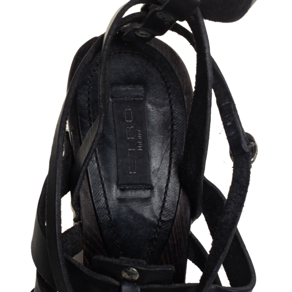 Etro Black Leather Strappy Platform Ankle Strap Sandals Size 39