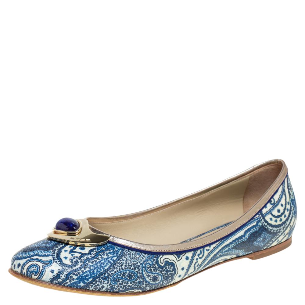 Etro Multicolor Coated Canvas And Leather Trim Embellished Ballet Flats Size 40.5