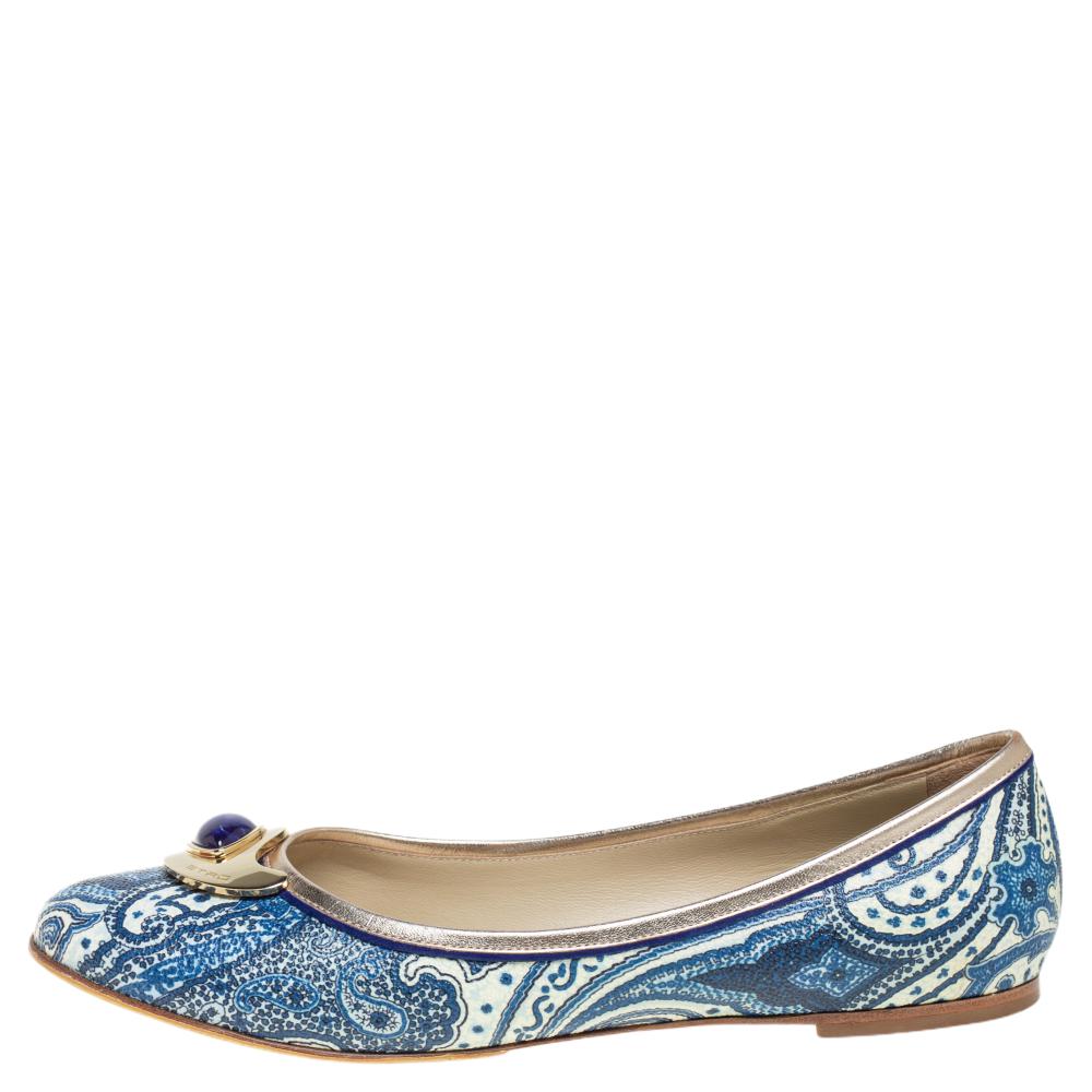 

Etro Multicolor Paisley Print Coated Canvas And Leather Trim Embellished Ballet Flats Size