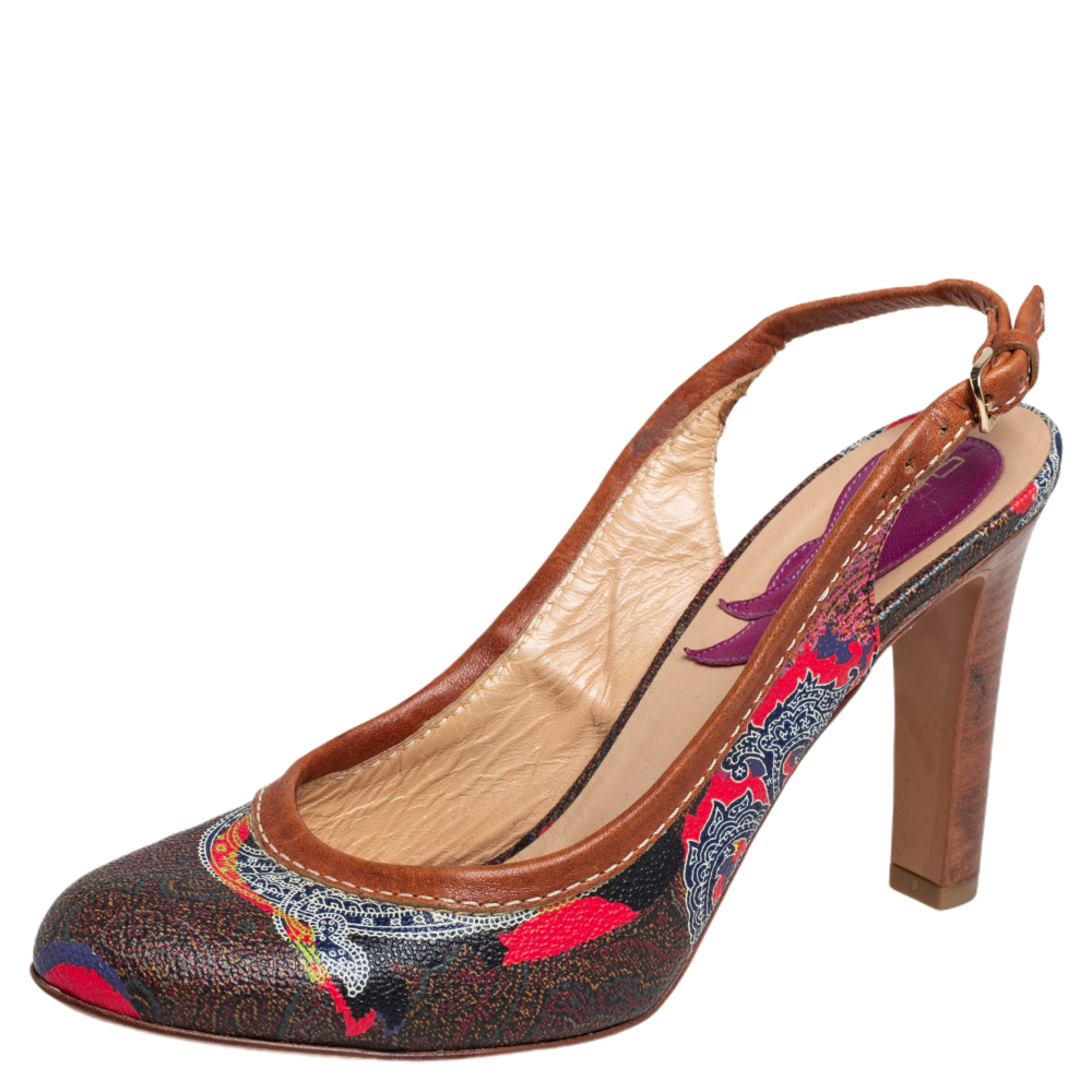 Etro brown paisley print coated canvas and leather trim slingback pumps size 37