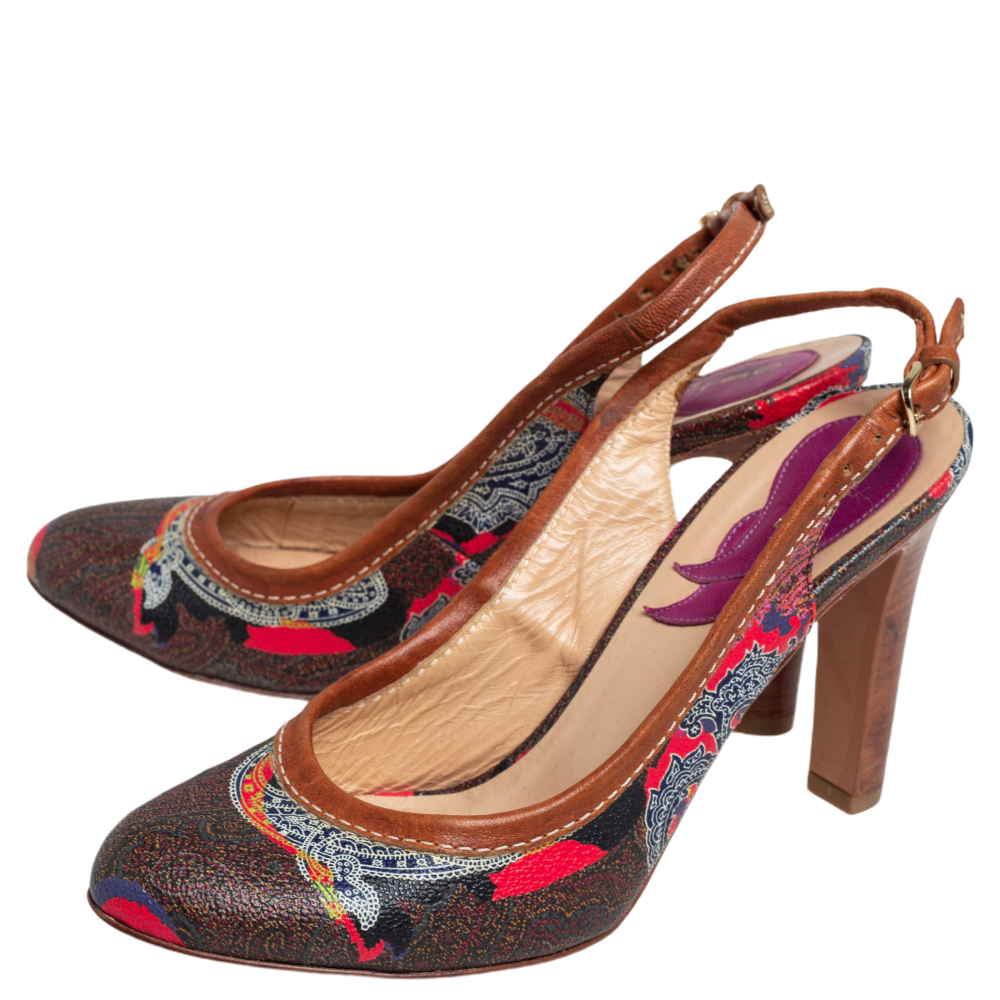 Etro Brown Paisley Print Coated Canvas And Leather Trim Slingback Pumps Size 37