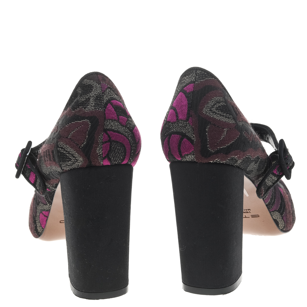 Etro Purple/Black Brocade Fabric Mary Jane Block Heel Pumps Size 38
