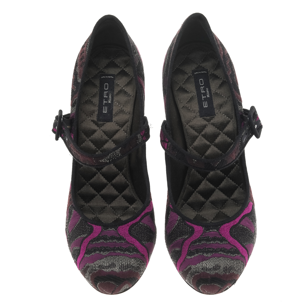 Etro Purple/Black Brocade Fabric Mary Jane Block Heel Pumps Size 38