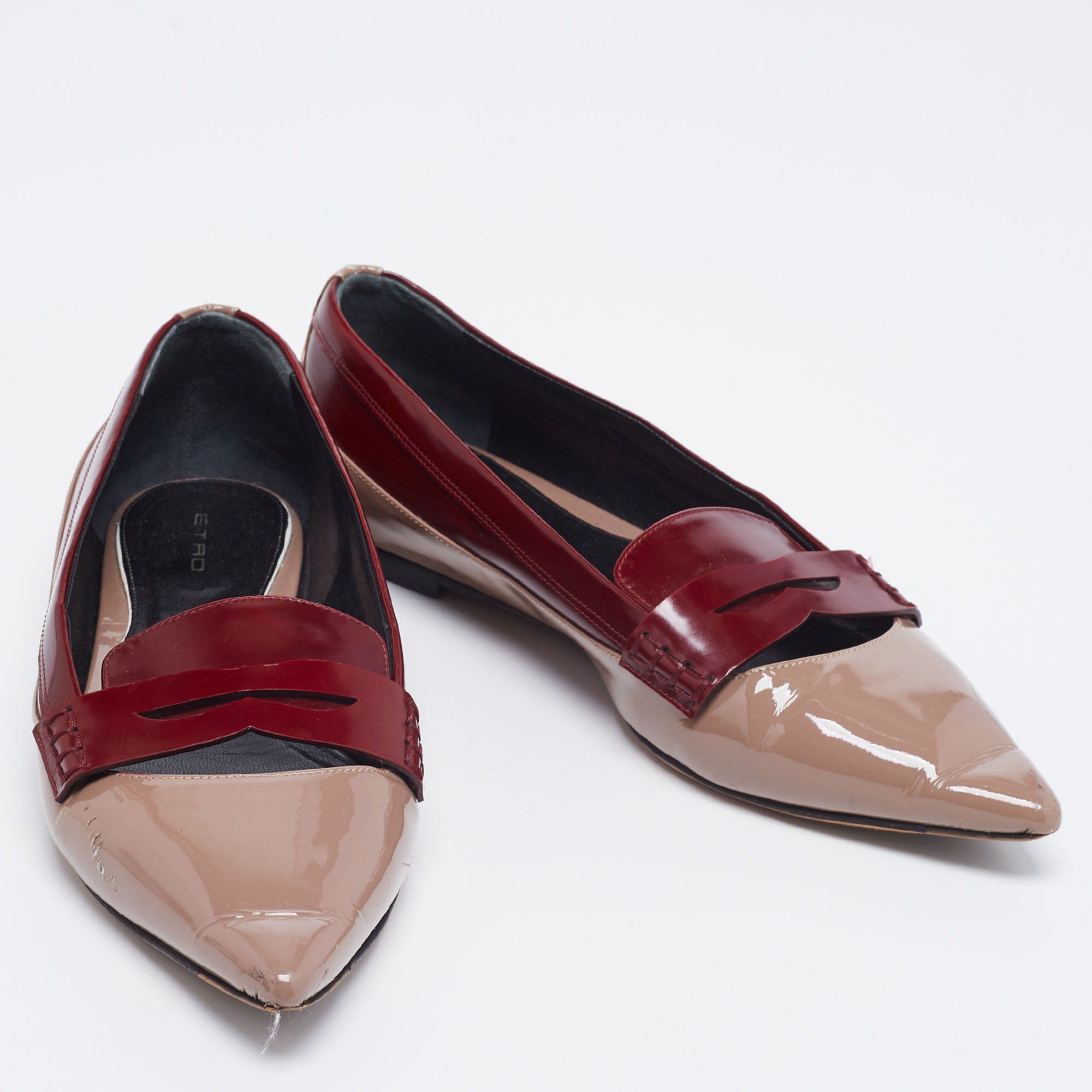 Etro Brown/Burgundy Patent  And Leather  Slip On  Loafers Size 37