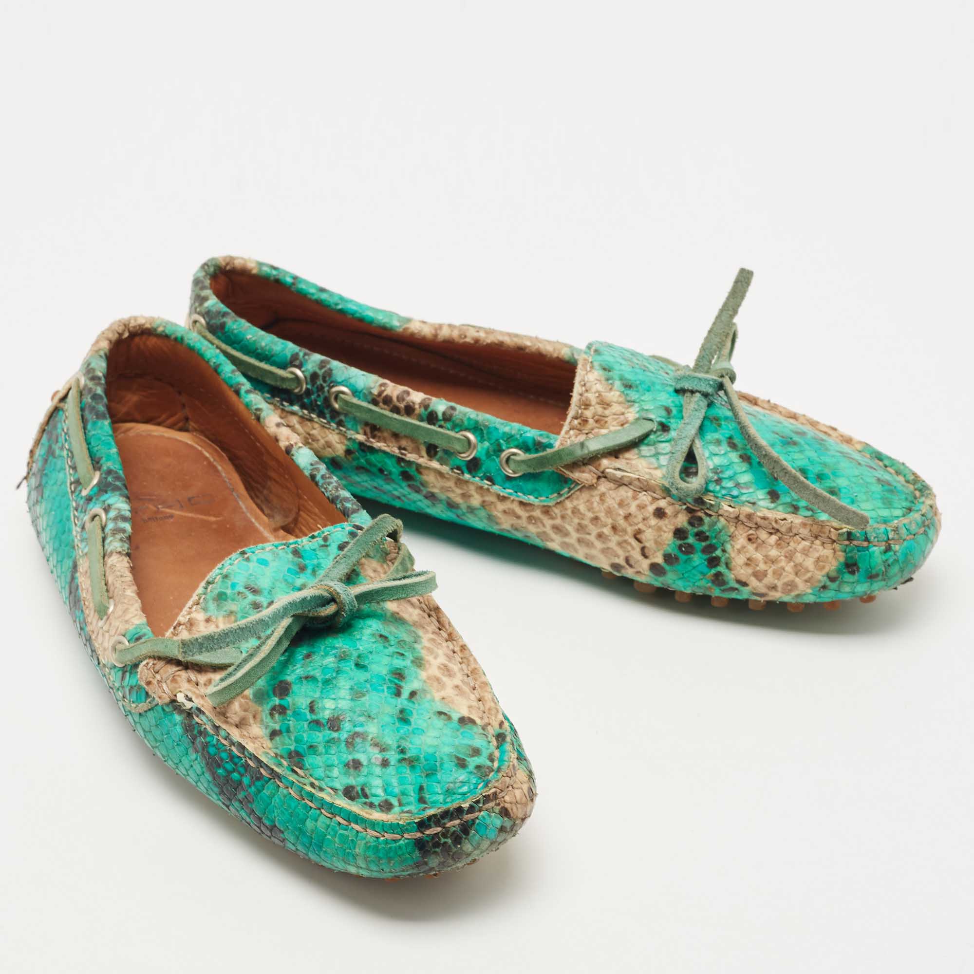 Etro Two Tone Embossed Python Leather Bow Loafers Size 36