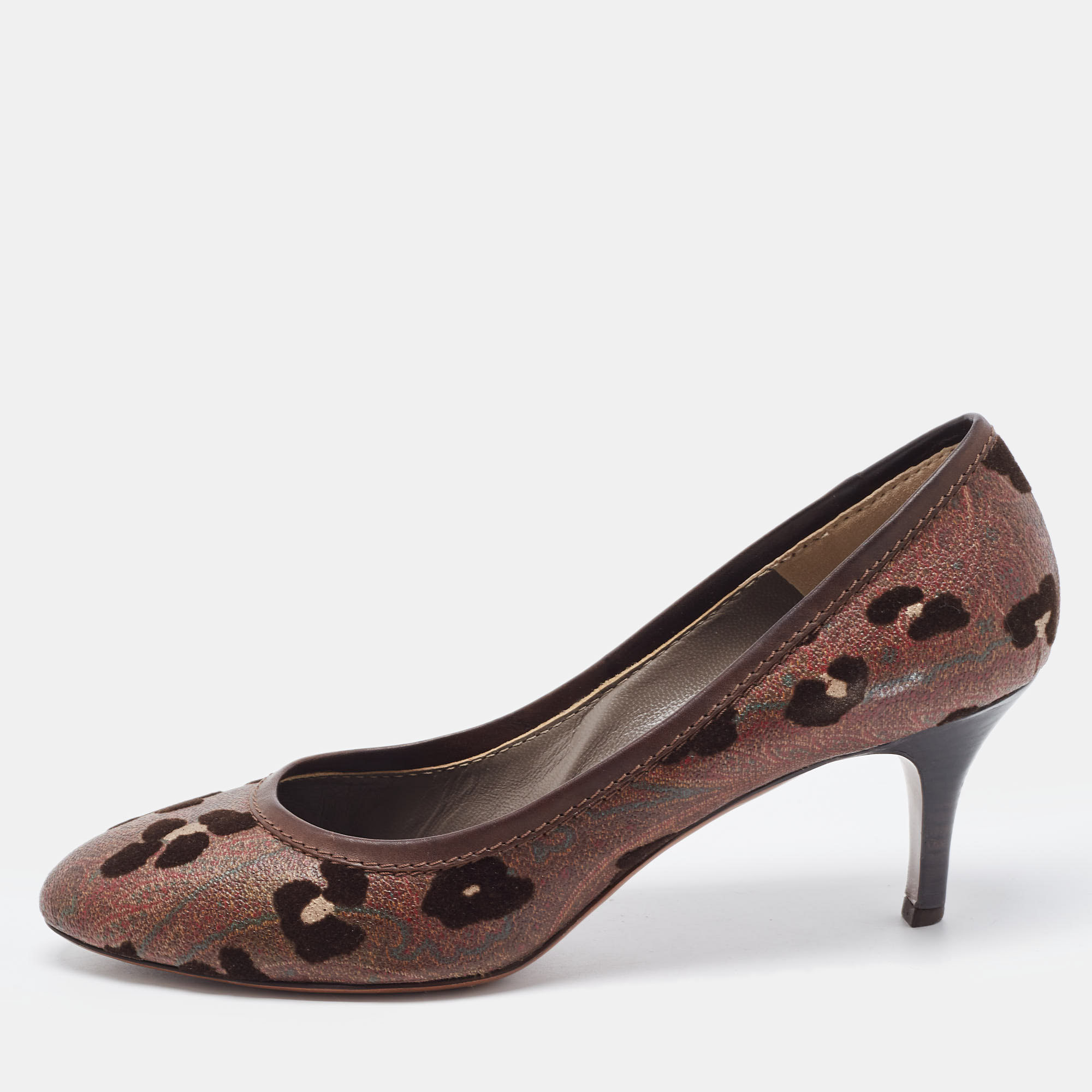 Etro Brown Leather And  Printed Coated Canvas Round Toe Pumps Size 41