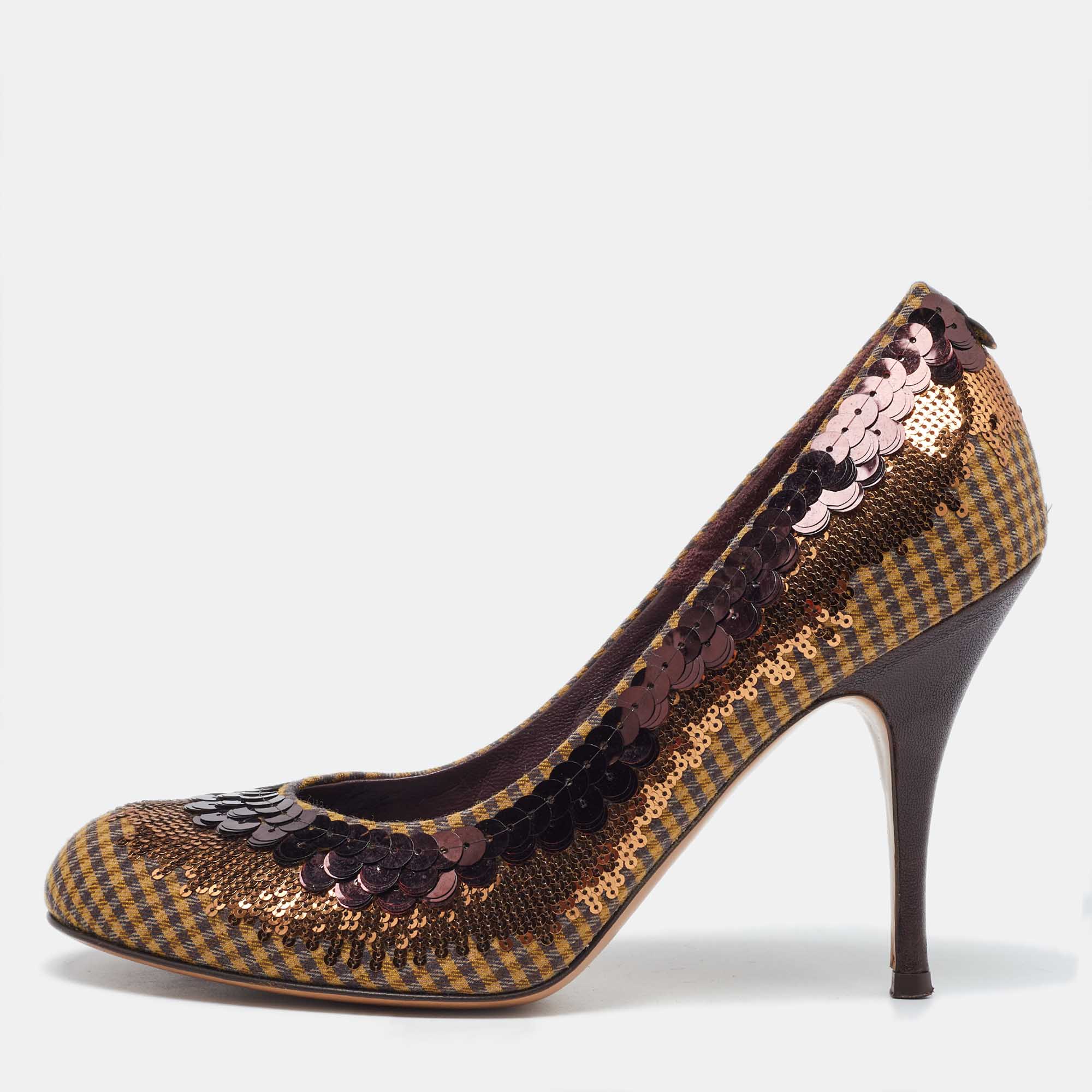 Etro brown sequins and sequins round toe pumps size 40