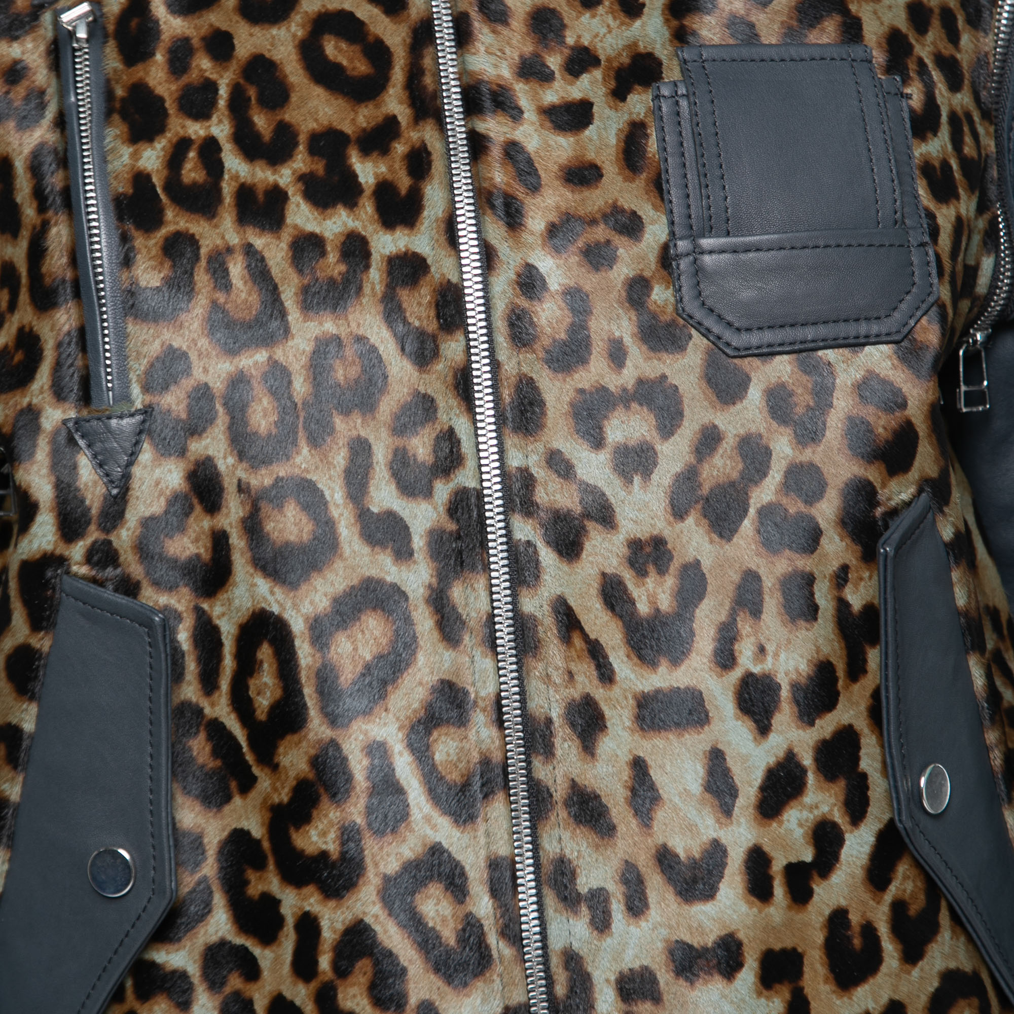 Faith Connexion Khaki And Navy Cheetah Print Detachable Sleeve Detail Moto Jacket XS
