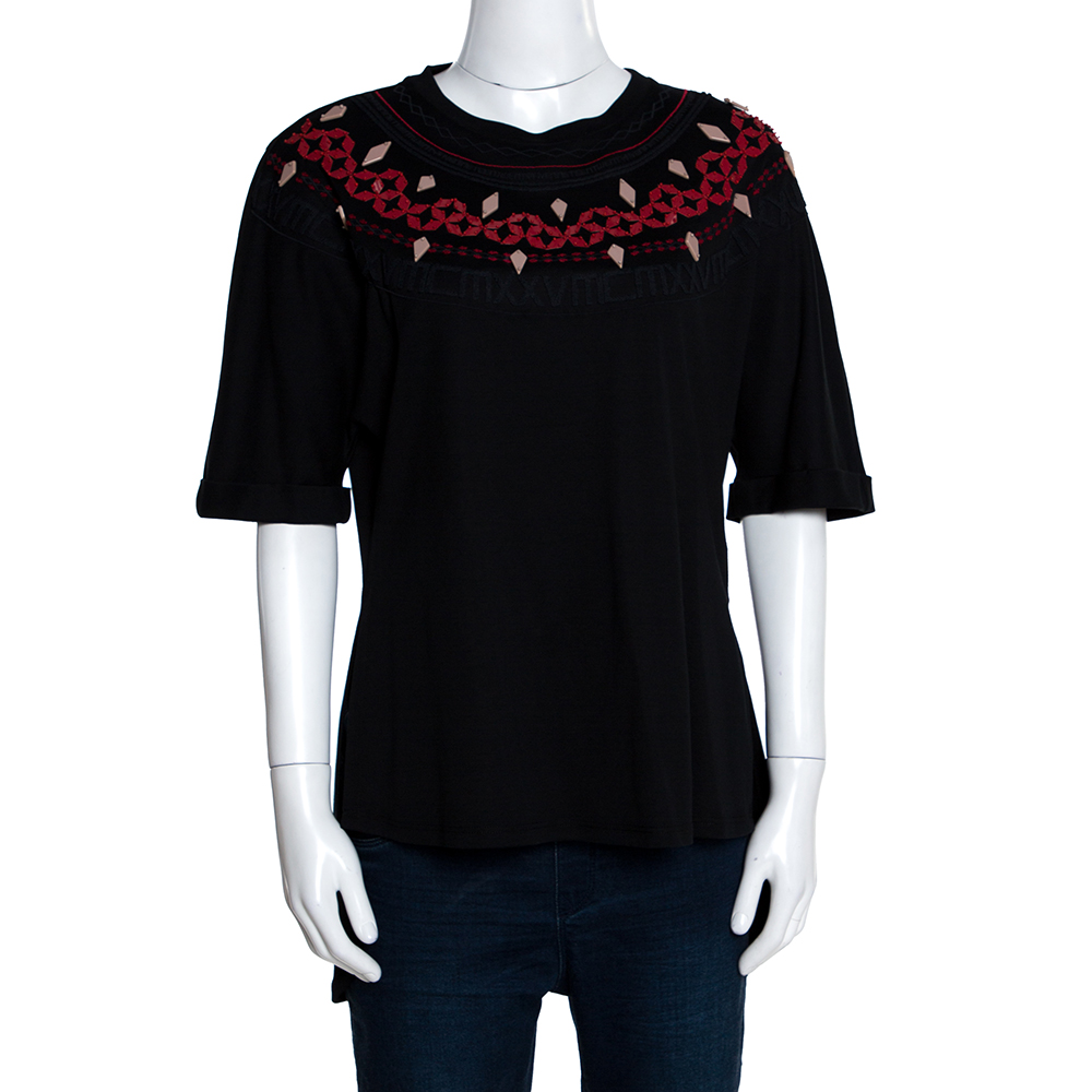Image of Fendi Black Cotton Embellished Neckline Short Sleeve Top M