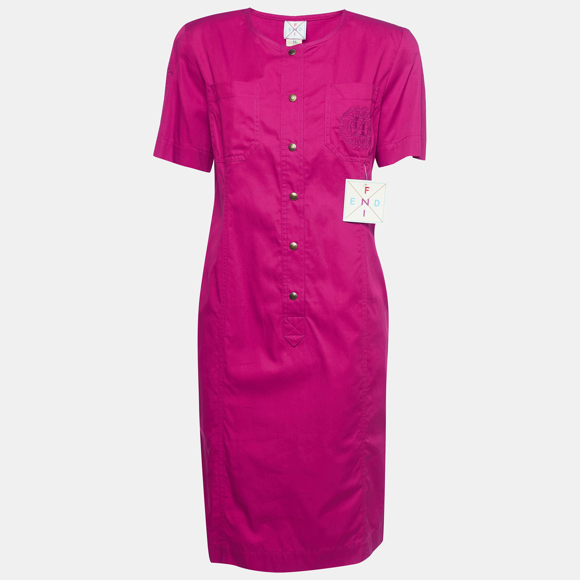 Fendi vintage pink logo embroidered cotton buttoned midi dress l