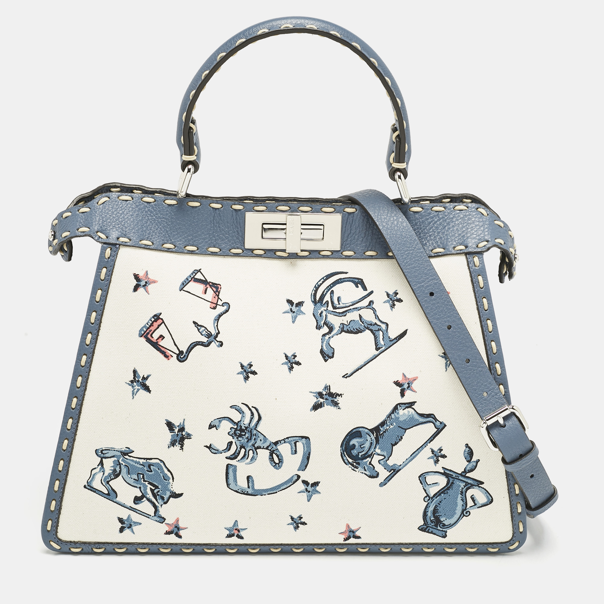 Fendi Blue/Off White Selleria Leather and Canvas Astrology Peekaboo ISeeU Top Handle Bag
Fendi Blue/Off White Selleria Leather and Canvas Astrology Peekaboo ISeeU Top Handle Bag