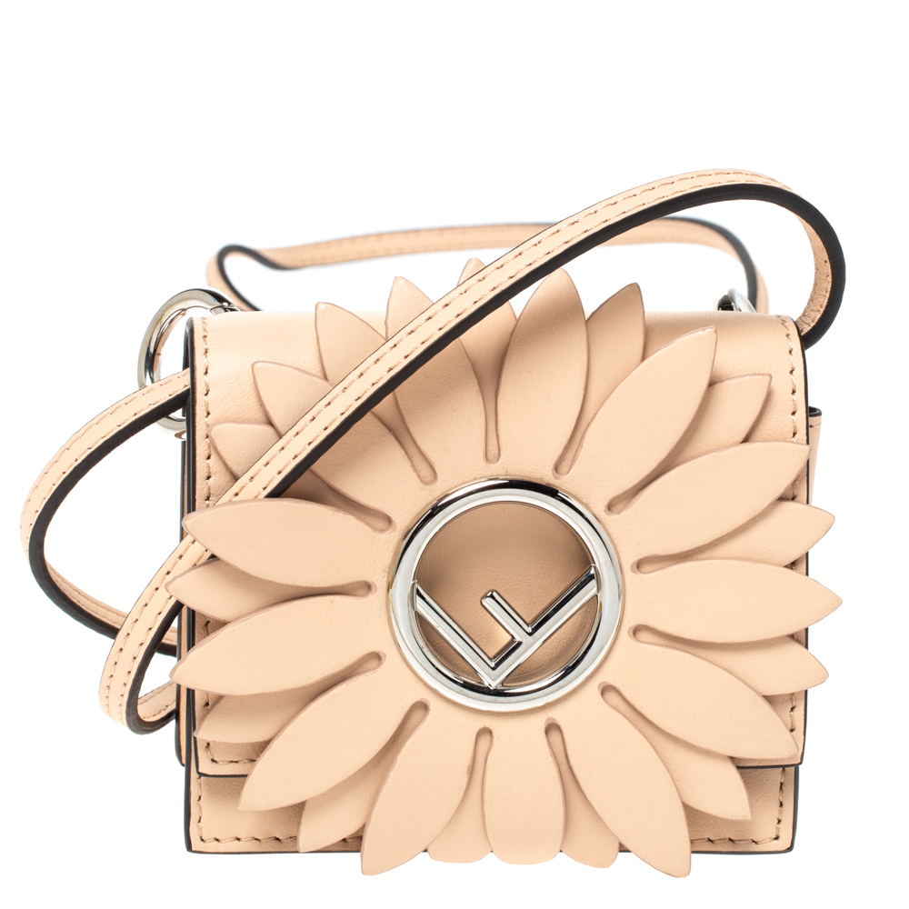 Image of Fendi Beige Leather Micro Kan I Flower Shoulder Bag