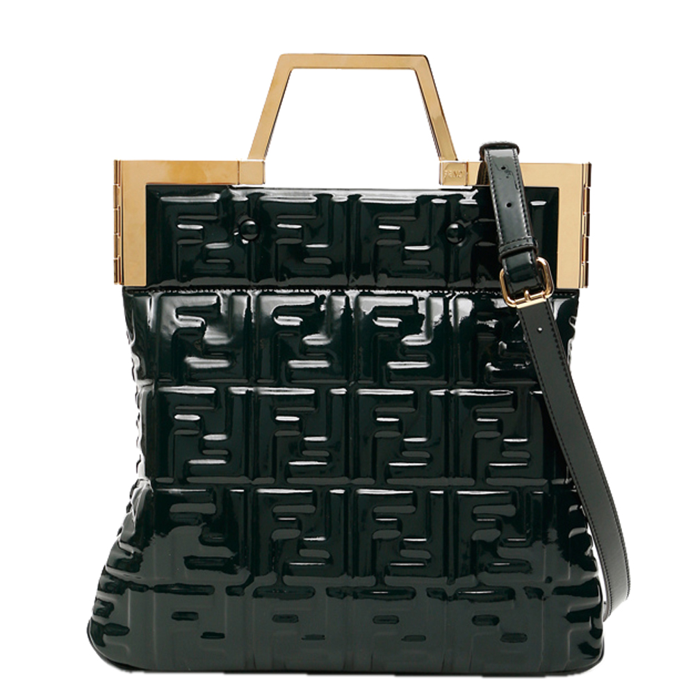 Image of Fendi Dark Green Shiny Vinyl Flat Tote Bag