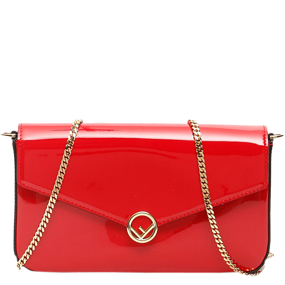 Fendi Red Patent Leather Logo Buckle Mini Wallet on Chain Bag