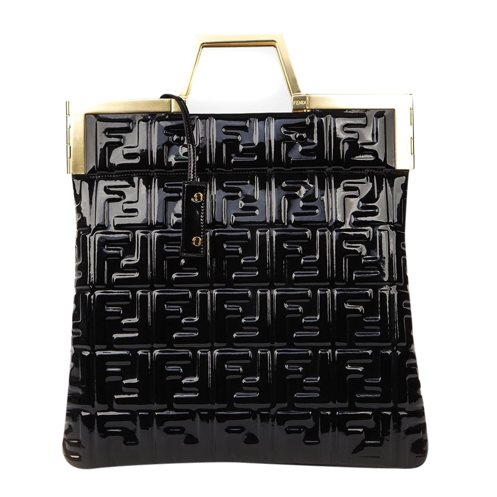 Fendi Black Leather FF Logo Shopper Tote Bag