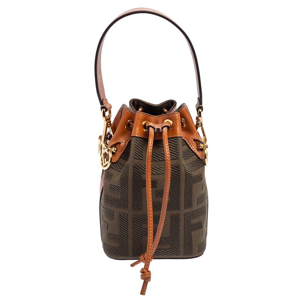 Fendi Green/Brown Zucca Canvas and Leather Mini Mon Tresor Drawstring Bucket Bag