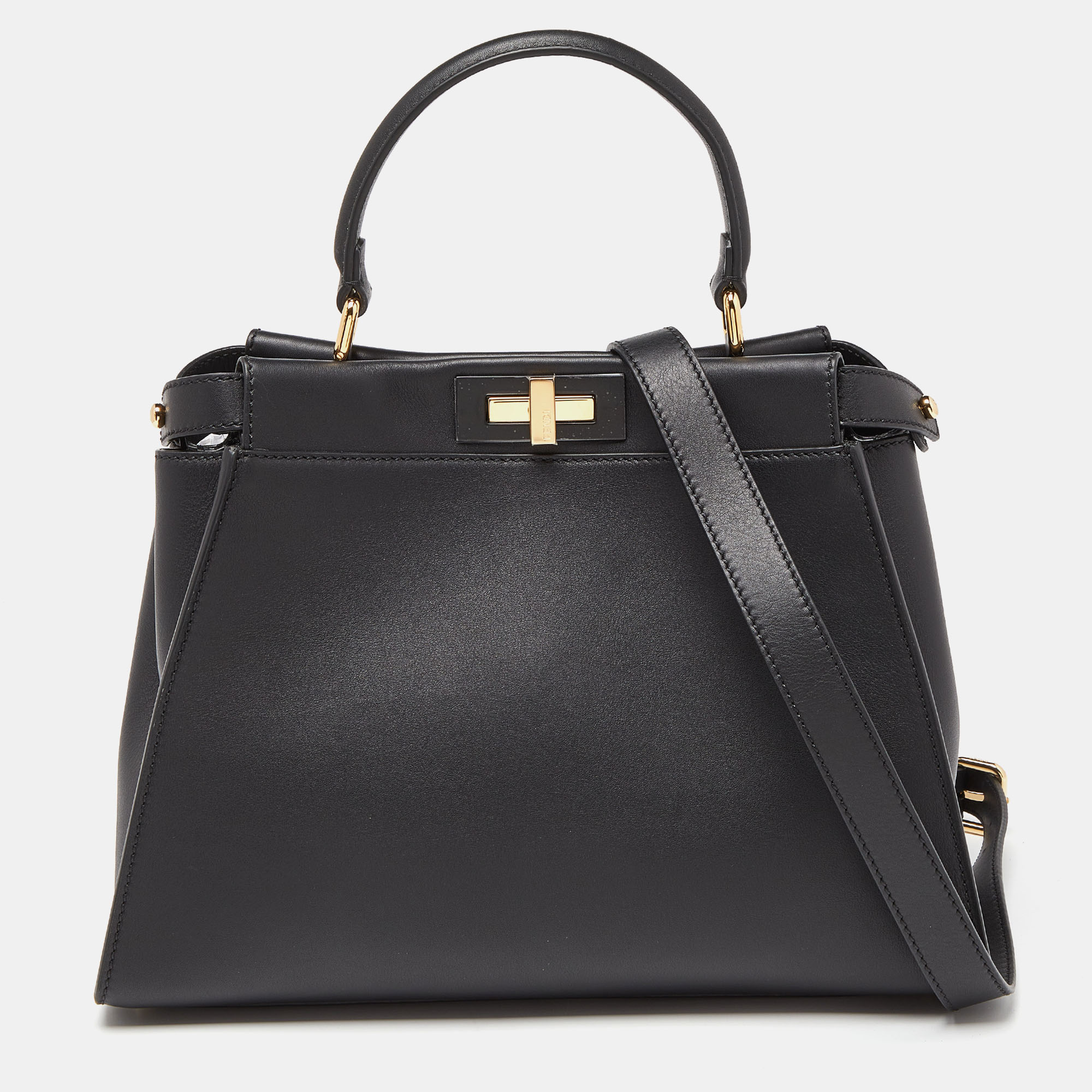 Fendi Black Leather Medium Peekaboo Iconic Top Handle Bag