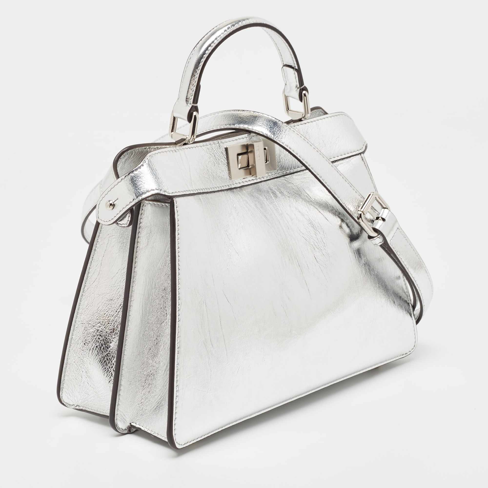 Fendi Silver Leather Small Peekaboo ISeeU Top Handle Bag