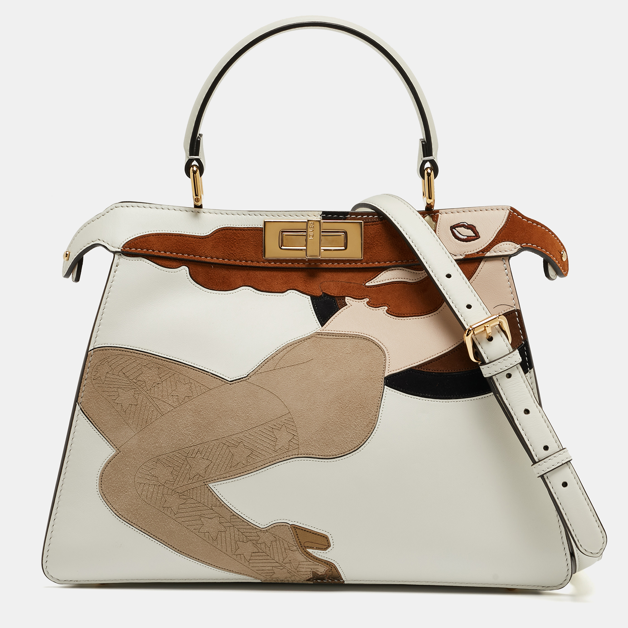 Fendi White Leather Medium Inlay Peekaboo ISeeU Top Handle Bag