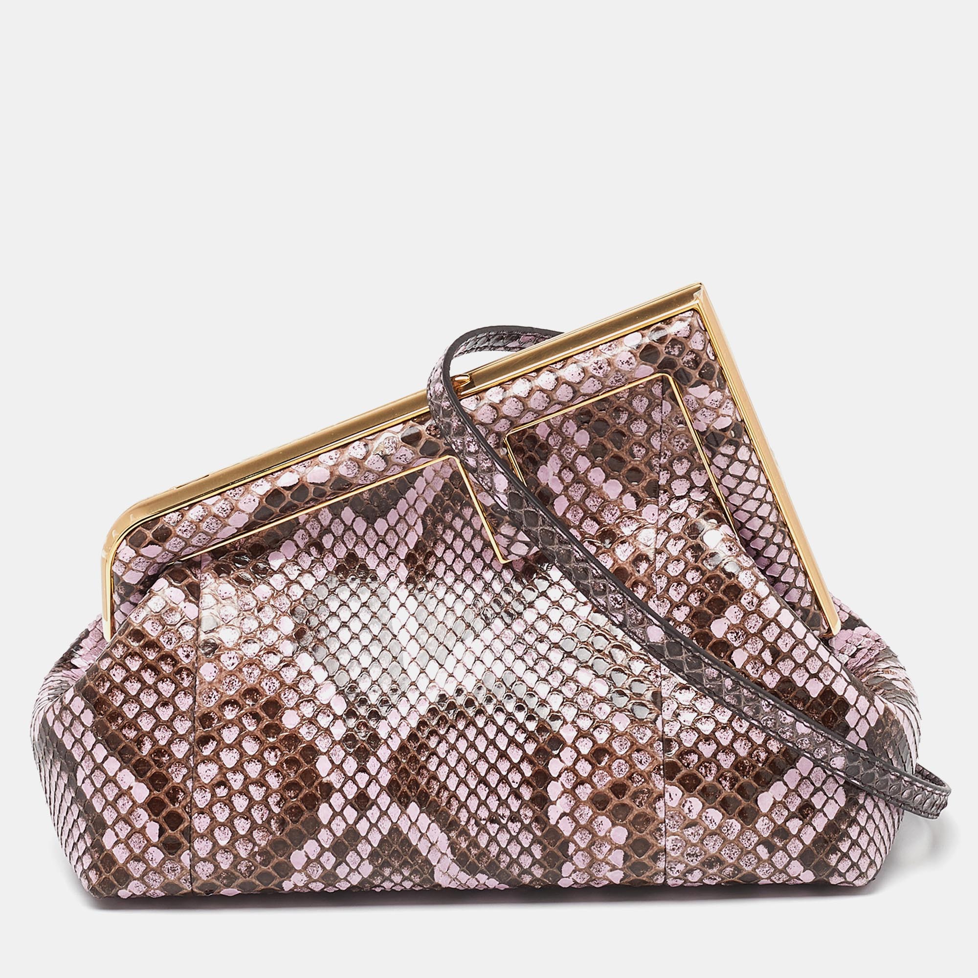 Fendi pink/brown python and leather small first clutch