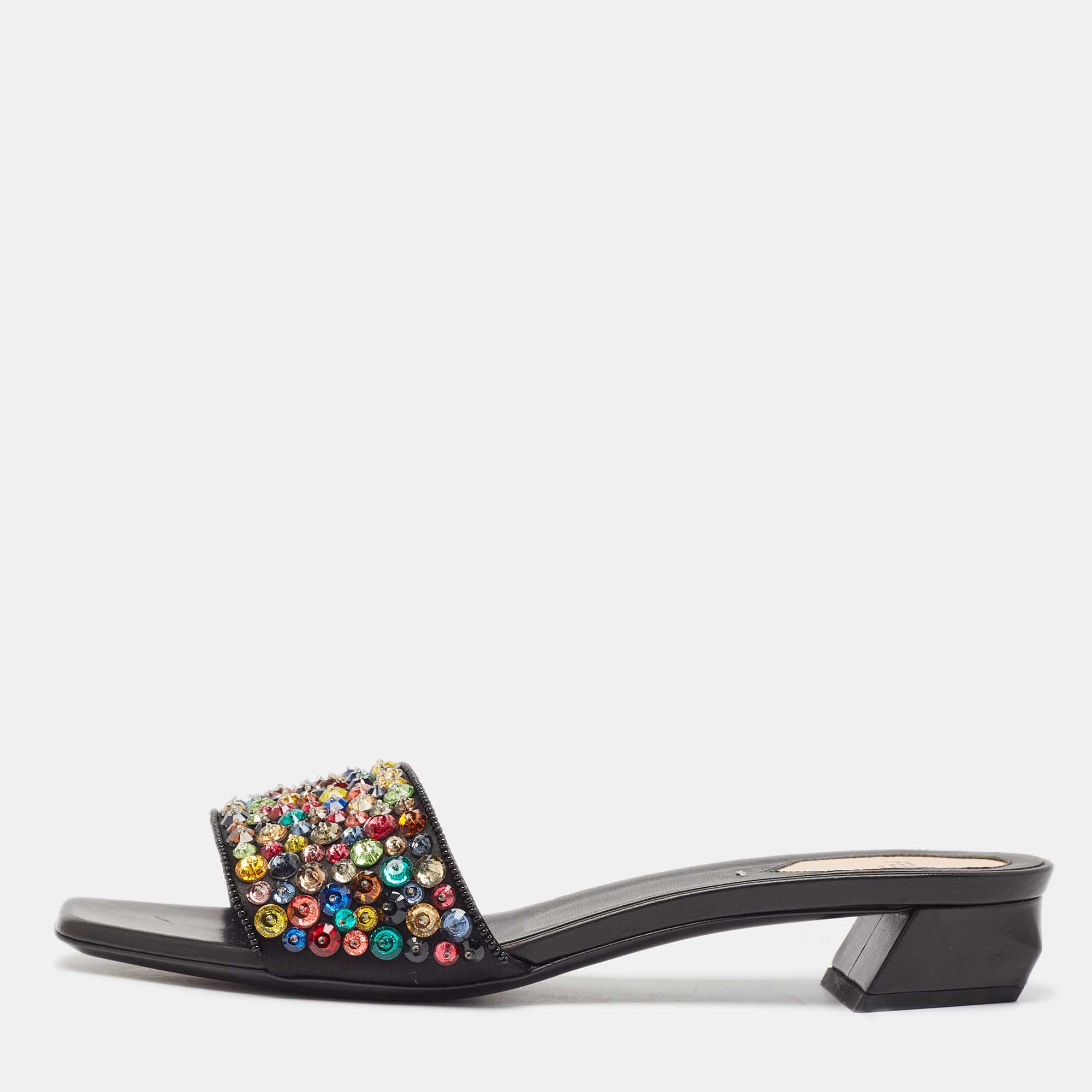 Fendi black satin crystal embellished slide sandals size 39