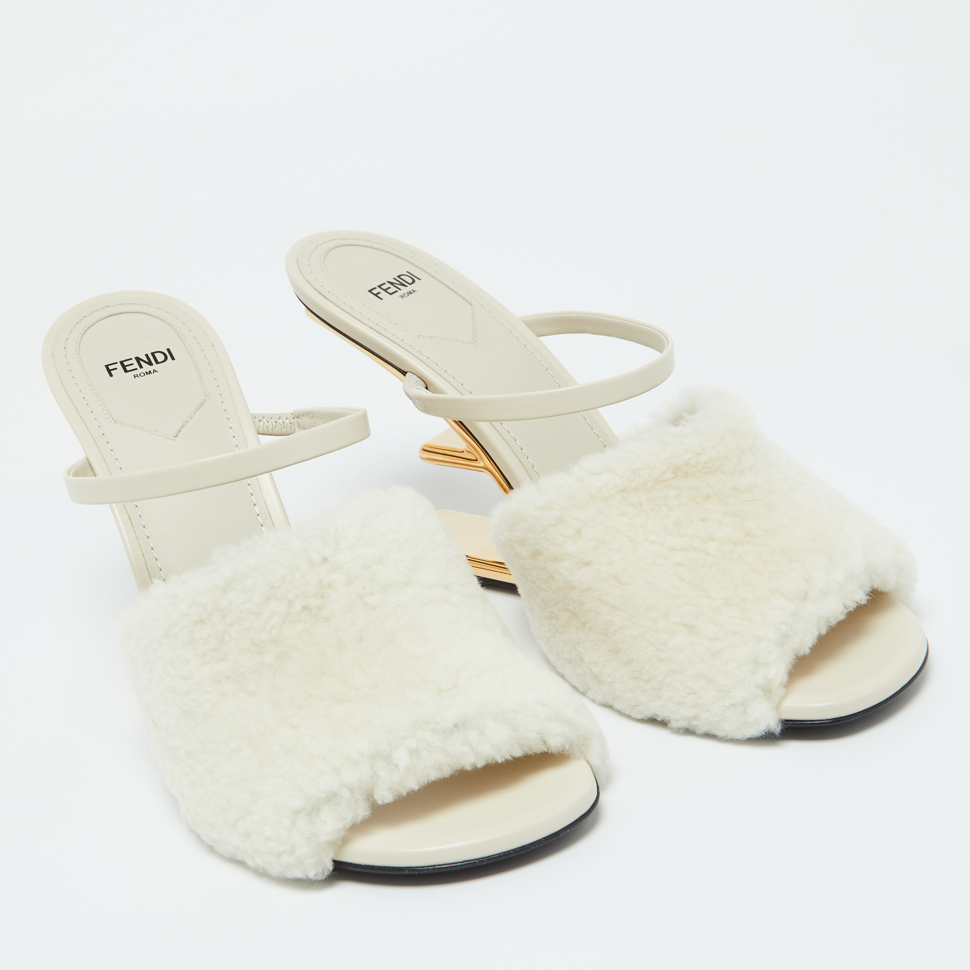 Fendi Off White Lamb Fur And Leather First Heel Mules Size 40