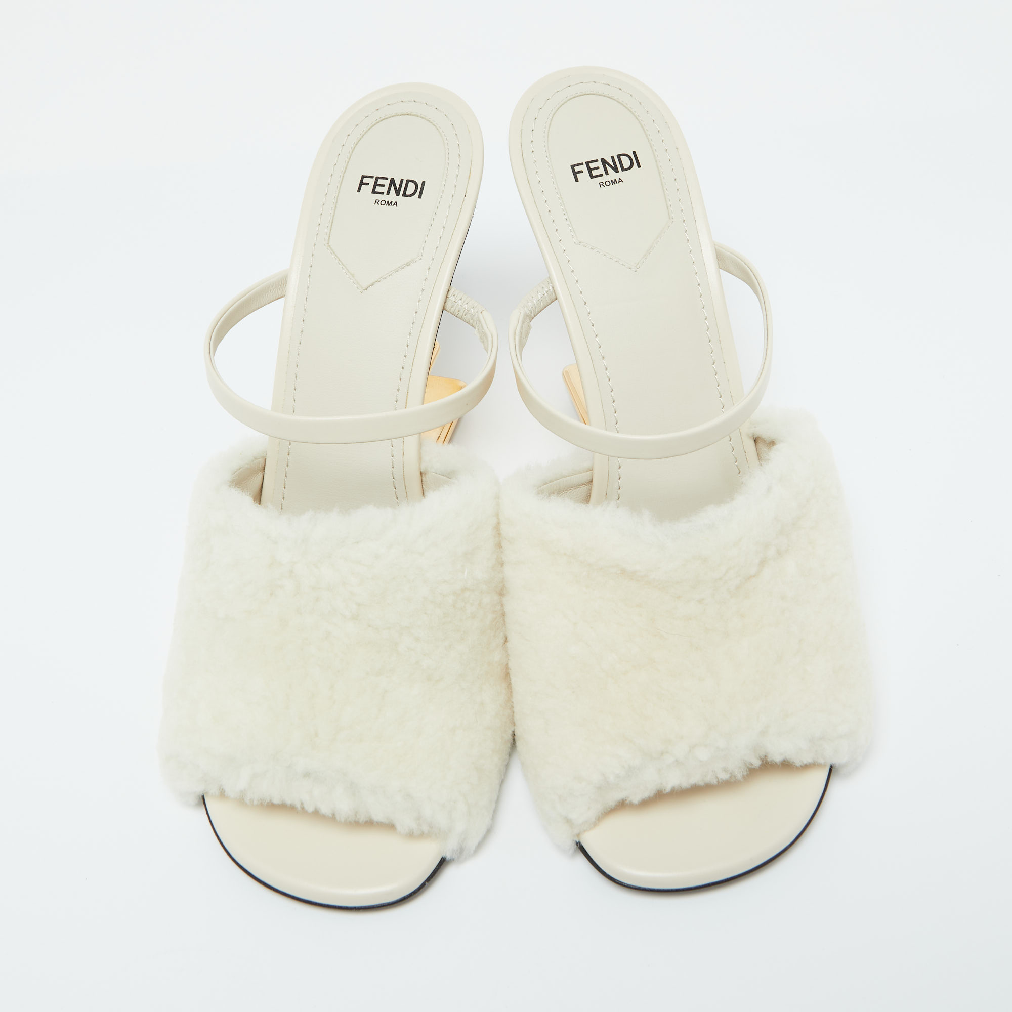 Fendi Off White Lamb Fur And Leather First Heel Mules Size 40