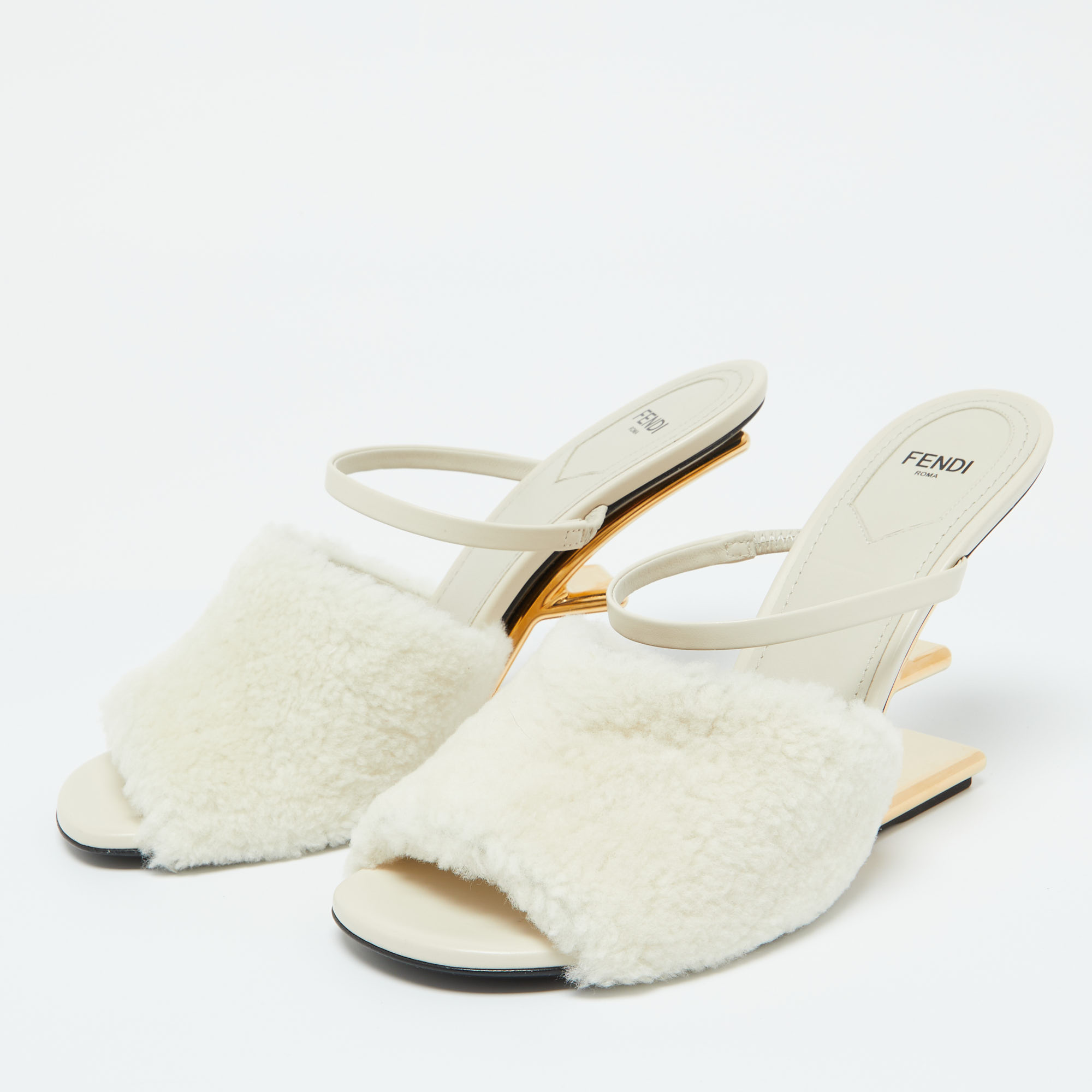 Fendi Off White Lamb Fur And Leather First Heel Mules Size 40