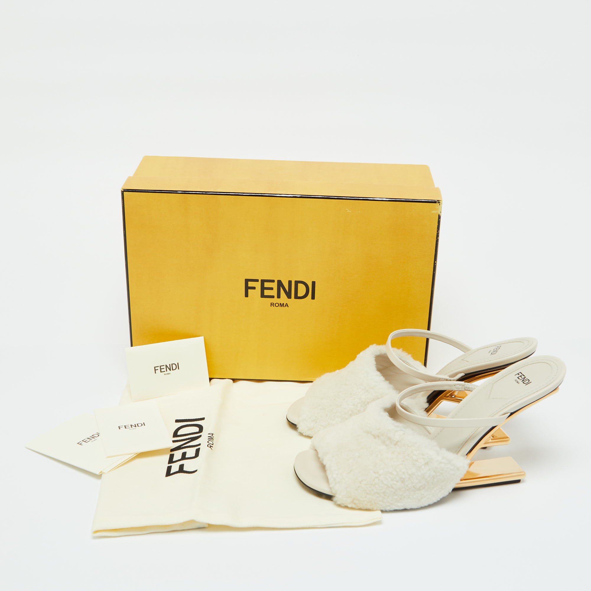 Fendi Off White Lamb Fur And Leather First Heel Mules Size 40