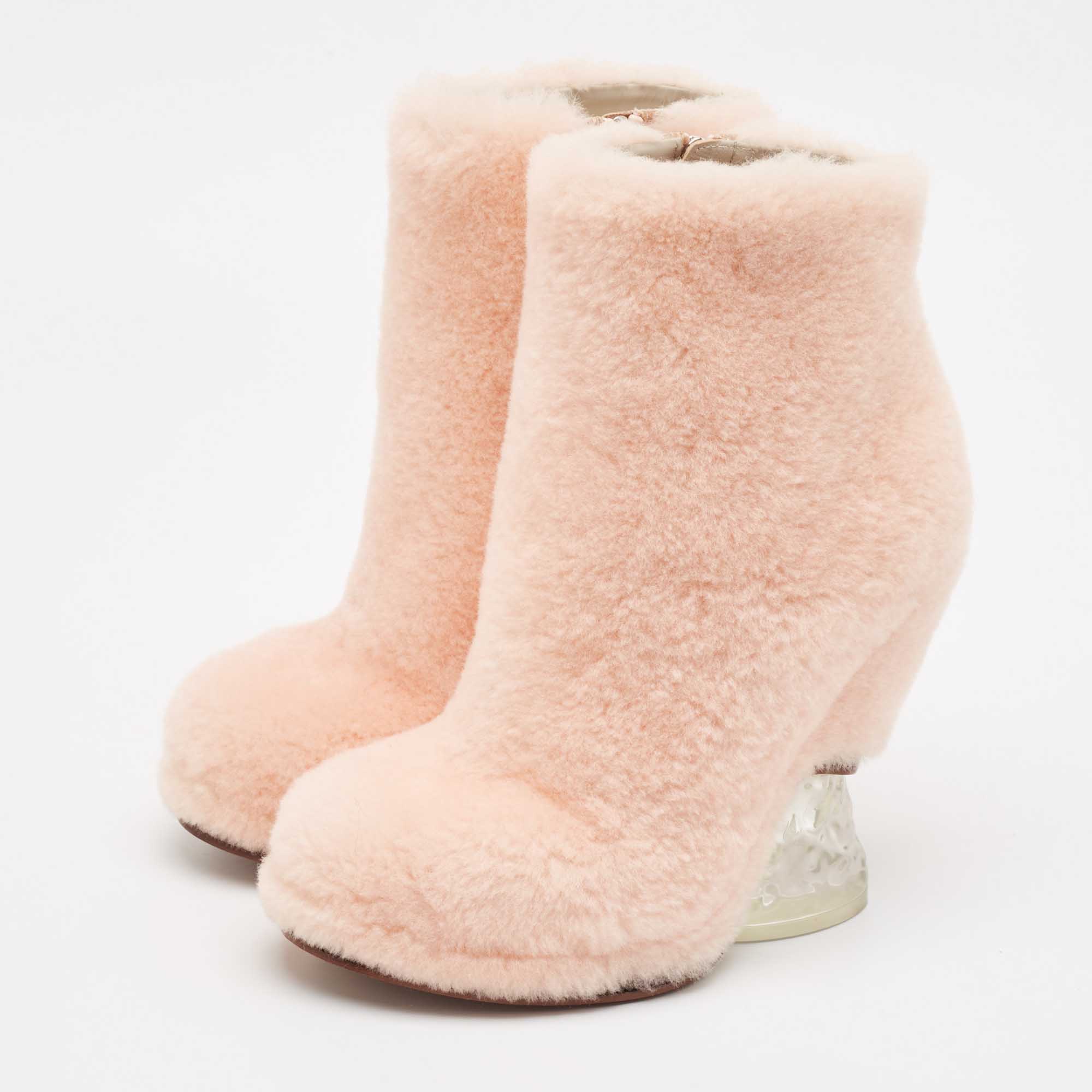 Fendi Pink Shearling Fur Ankle Length Boots Size 38