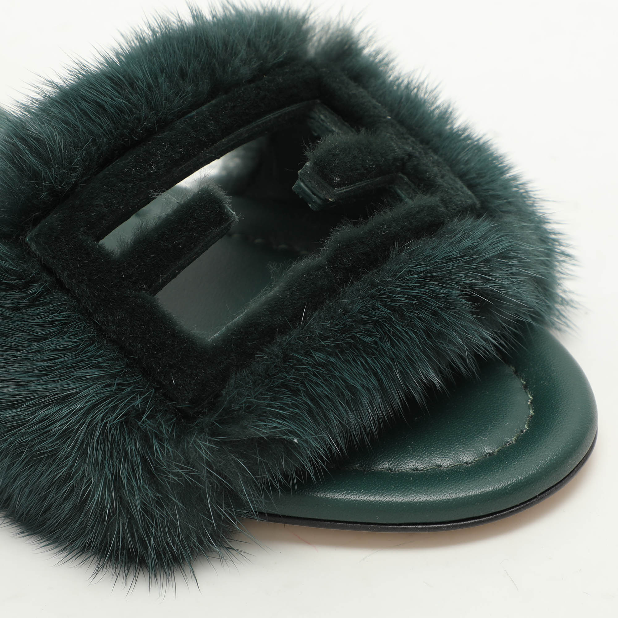 Fendi Green Mink Fur Baguette Flat Slides Size 36