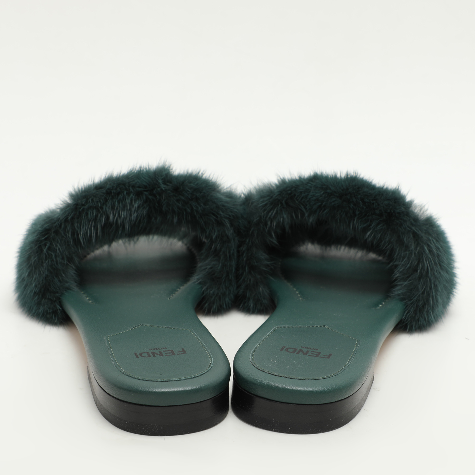 Fendi Green Mink Fur Baguette Flat Slides Size 36