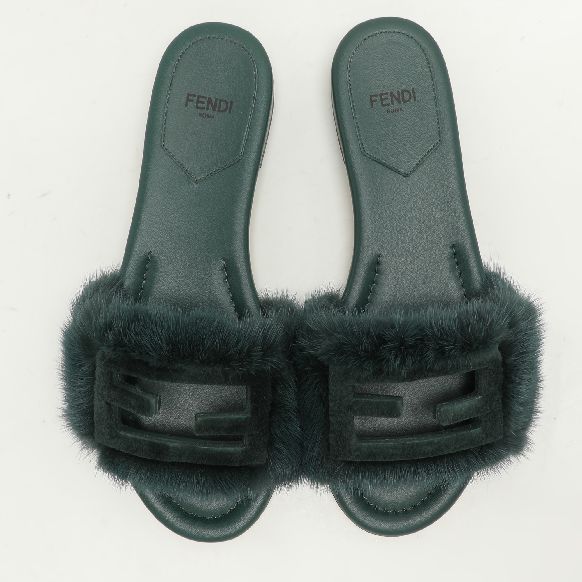 Fendi Green Mink Fur Baguette Flat Slides Size 36