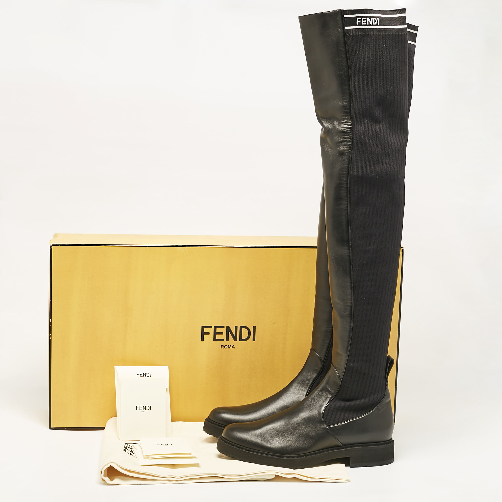 Fendi Black Fabric And Leather Over The Knee Boots Size 40