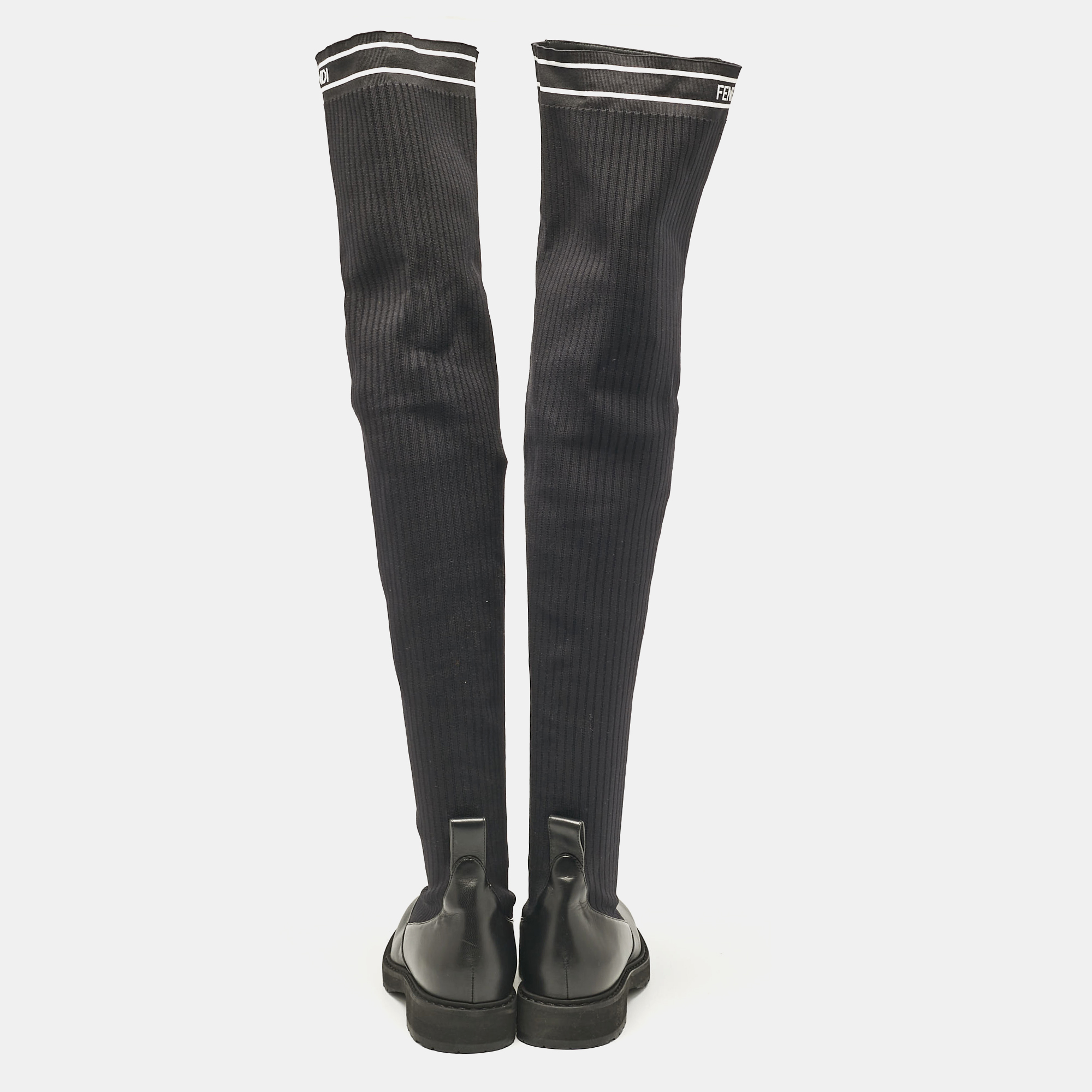 Fendi Black Fabric And Leather Over The Knee Boots Size 40