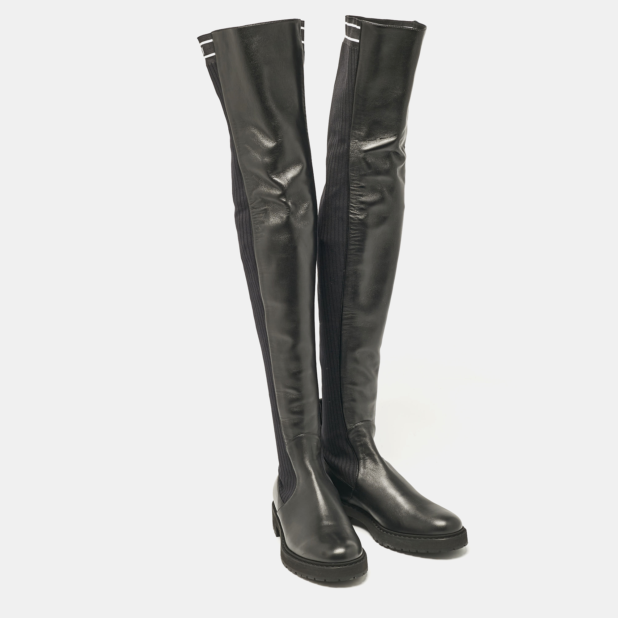 Fendi Black Fabric And Leather Over The Knee Boots Size 40